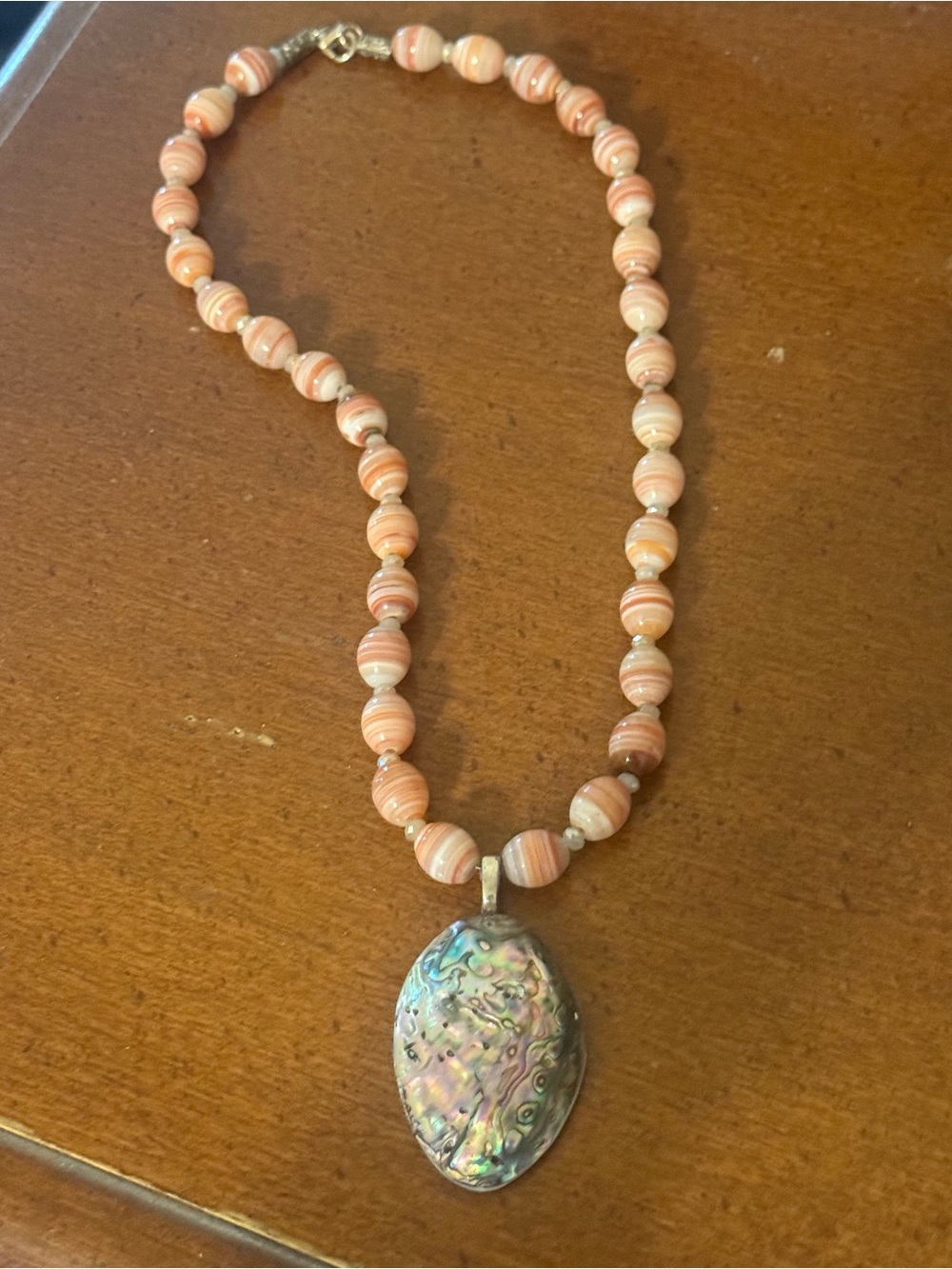 Handcrafted Abalone Pendant Necklace with Peach-Striped Beads